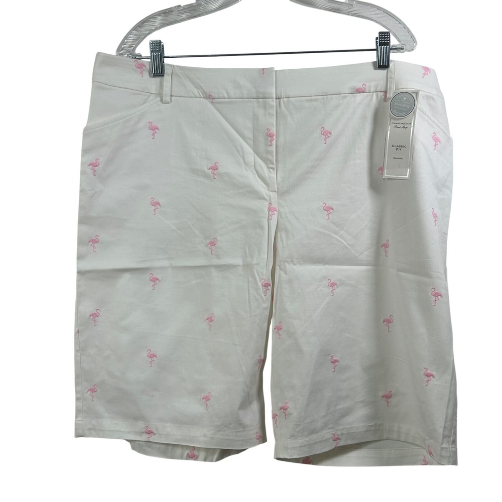 Charter Club Womens 16 White Pink Flamingo Embroidered Tummy Slimming Shorts